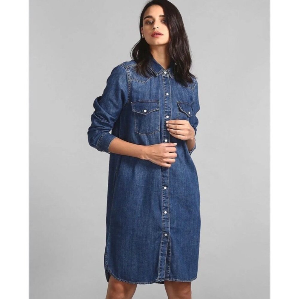 Gap Western Denim Long Sleeve Dress Snaps Classic Americana Sz Large